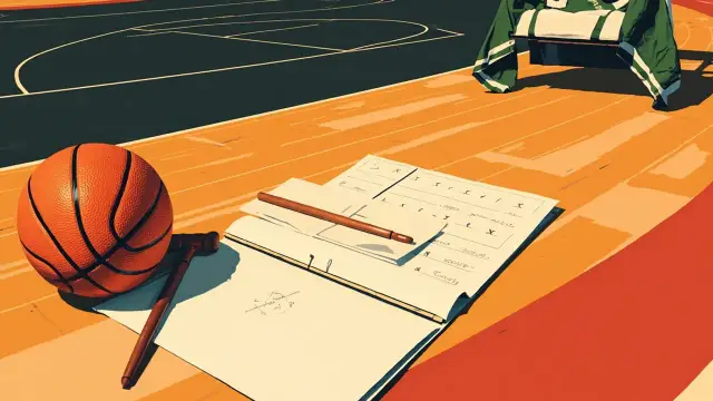 Gros plan sur une table de marque avec un ballon de basketball, un marteau posé sur une planche tactique et un bulletin de vote, avec un panier et un terrain vide en arrière-plan.