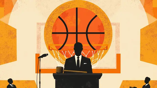 A faceless silhouette stands at a podium with a gavel on a scorer's table, set against a patterned background featuring a basketball hoop.