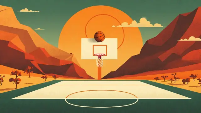 A basketball court sits on an East African plateau as one orange ball arcs above the hoop between two abstract peaks.