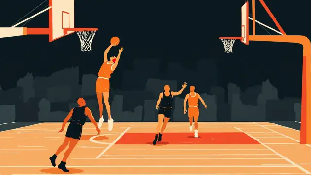 Flat faceless silhouettes of four players on an indoor court, one rising to score at the rim with the ball mid-air above the hoop.