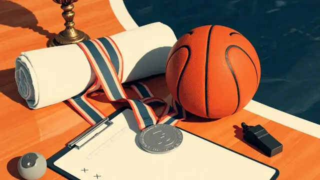 Still life on a hardwood court: a basketball, a silver medal, a small trophy, a towel, a tactics clipboard and a whistle arranged together.