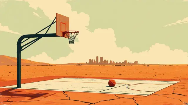 A dry savanna landscape with a dusty city skyline, featuring a cracked outdoor basketball court with a tilted hoop and a lone basketball resting on the key, evoking a halted game.