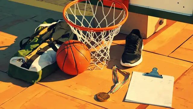 Close-up still life of a basketball in front of a hoop net, a kit bag, a medal, and a tactics clipboard on a wooden court.