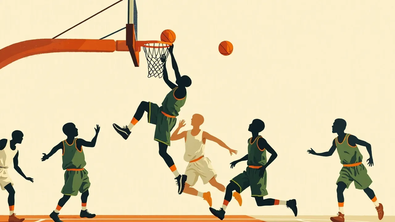 Des joueurs sans visage en vert et blanc terminent un dunk au panier lors d'un match de basket-ball en salle à guichets fermés, le ballon au-dessus du filet qui claque.