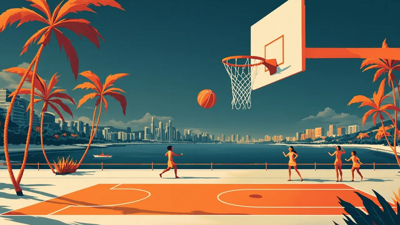 Une ville au bord de l’eau au crépuscule encadre un terrain de basketball bondé, où un ballon traverse le panier devant des silhouettes jubilantes.