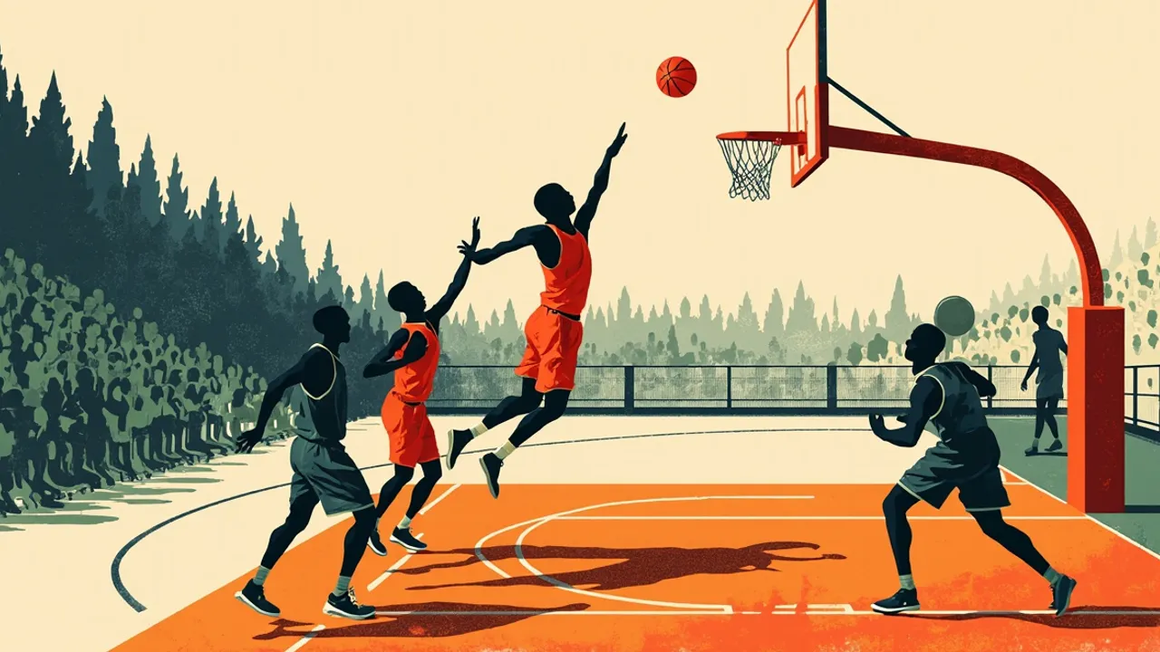 Silhouettes plates sur un terrain de basketball : un joueur en maillot rouge dunk un seul ballon orange tandis que deux défenseurs en maillot vert suivent derrière et des coéquipiers célèbrent sur le côté.