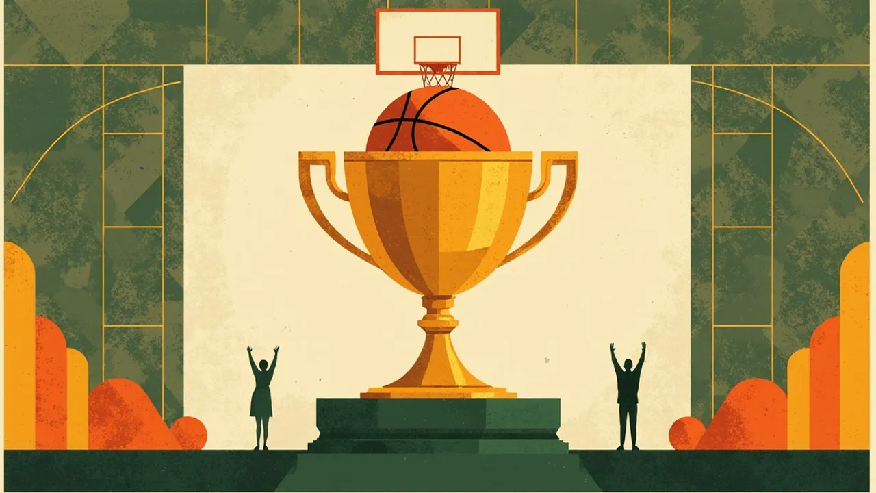 Trophée ya dhahabu inayoshikilia mpira wa kikapu inasimama juu ya jukwaa chini ya pete, imezungukwa na mandhari ya rangi za kijani na dhahabu, pamoja na vivuli viwili vinavyoadhimisha.