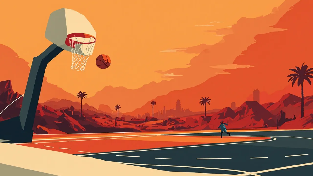 Un grand terrain de basket-ball indoor avec un panier central et un ballon, sur fond de skyline crépusculaire d’une ville d’Afrique de l’Est.