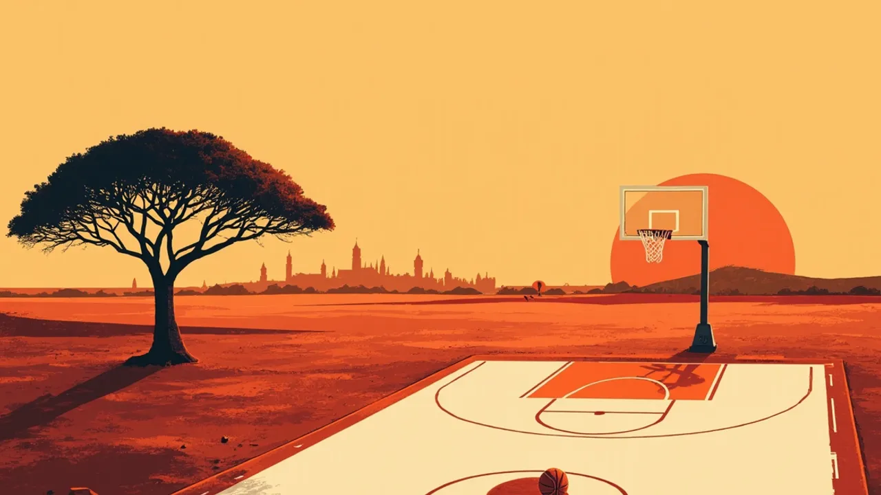 Stylised West African savanna landscape at dusk, with a basketball half-court etched into the earth and a single hoop and net standing like a tree beneath a setting sun that is shaped like a basketbal