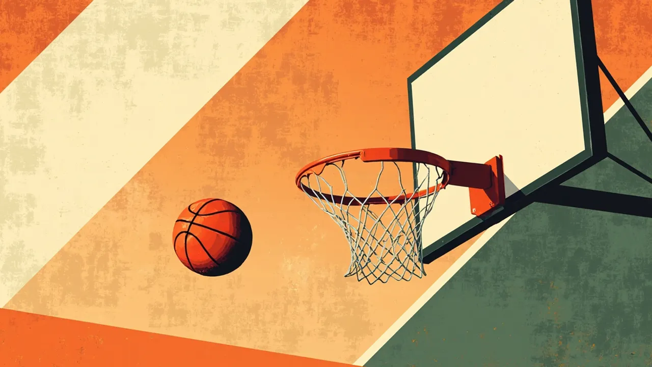 A basketball arcs toward a hoop and net on a wooden court, the moment a team waits on another result to know its fate.