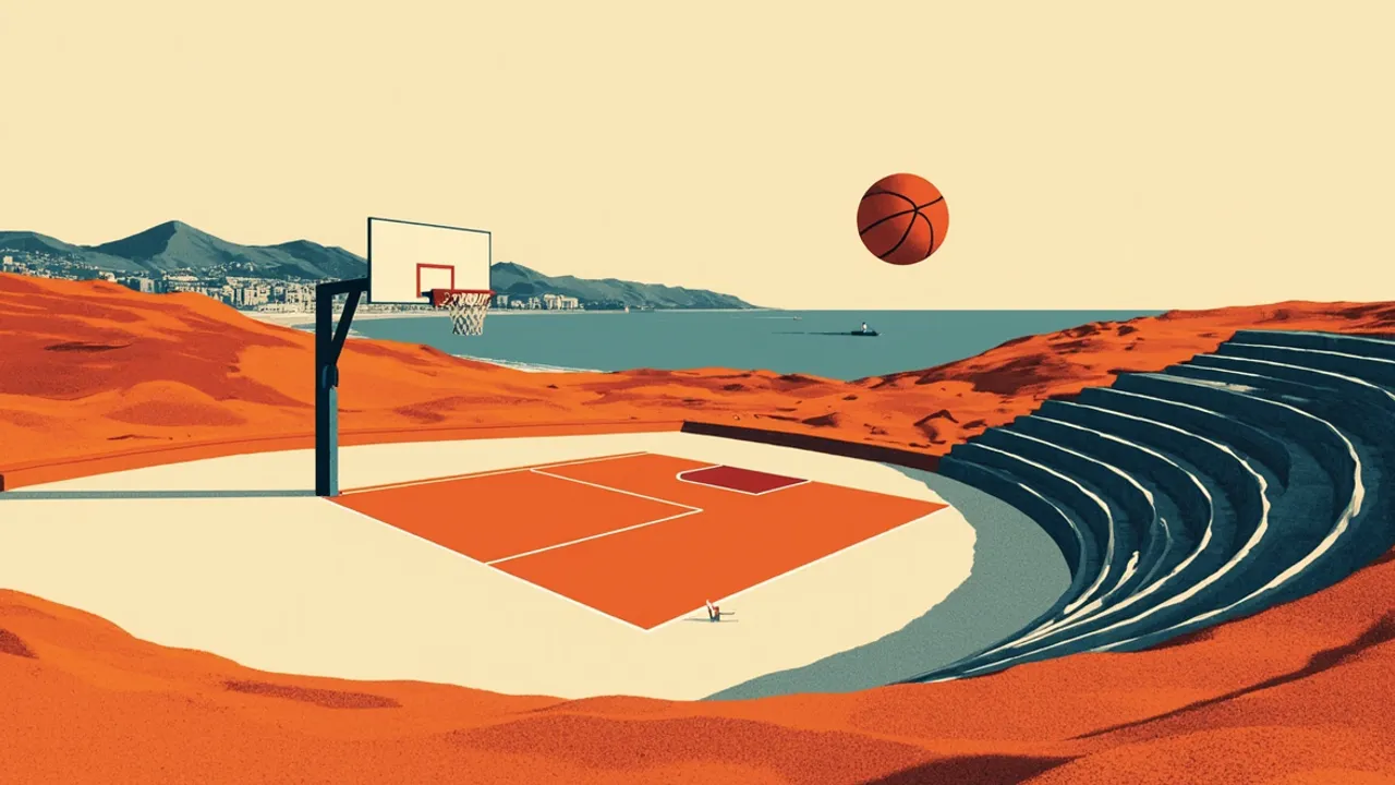 Un paysage sec stylisé avec une ville côtière à l'horizon, une salle de basketball installée dans la savane et un ballon de basketball s'élevant au-dessus du panier comme un soleil.