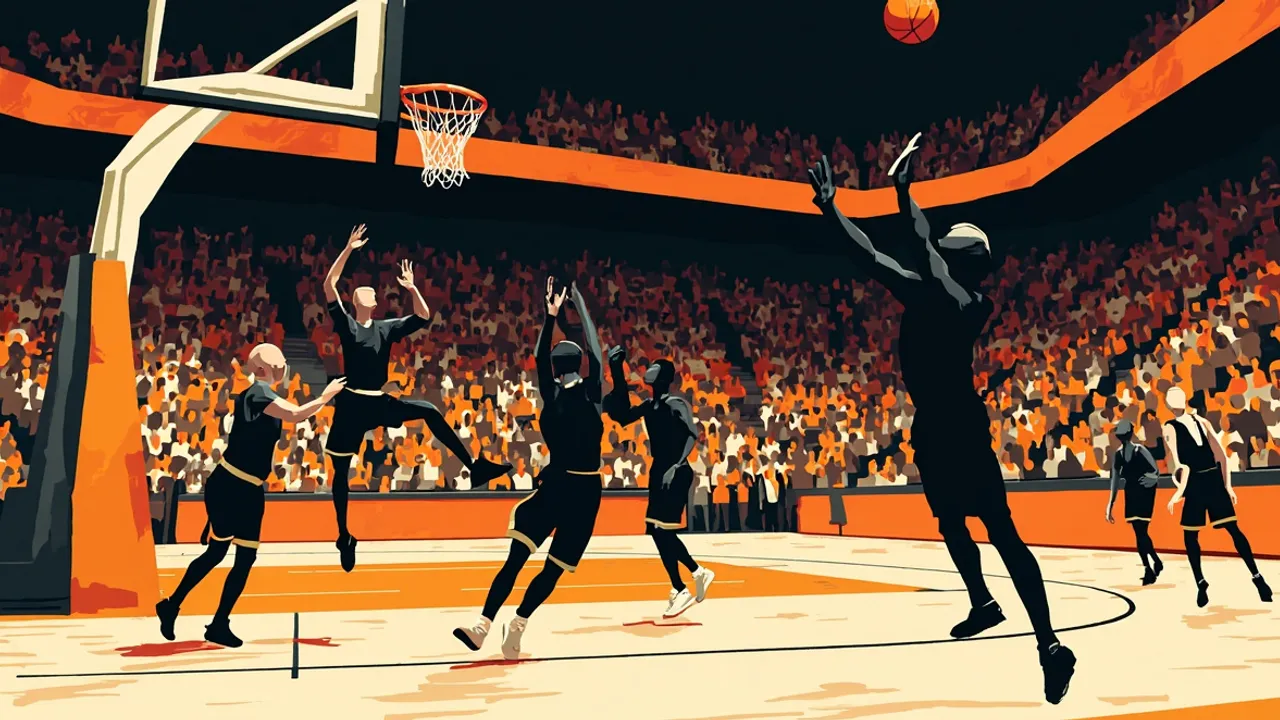 Un joueur silhouette lance un ballon de basket au-dessus de deux défenseurs, à côté d’un panier et de lignes de terrain visibles.