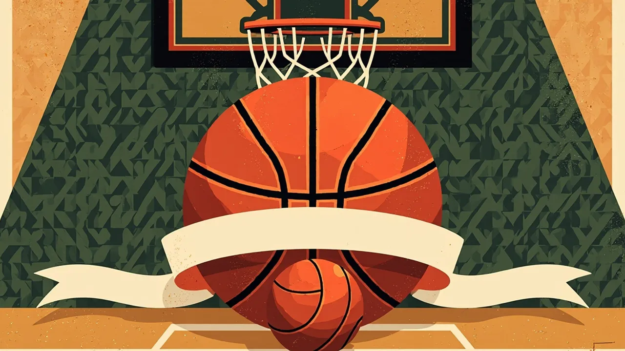 Un emblème circulaire à plat d'un ballon de basket devant une coupe trophée avec des poignées incurvées, le tout posé sur un fond à motifs de formes géométriques vertes, dorées et noires.