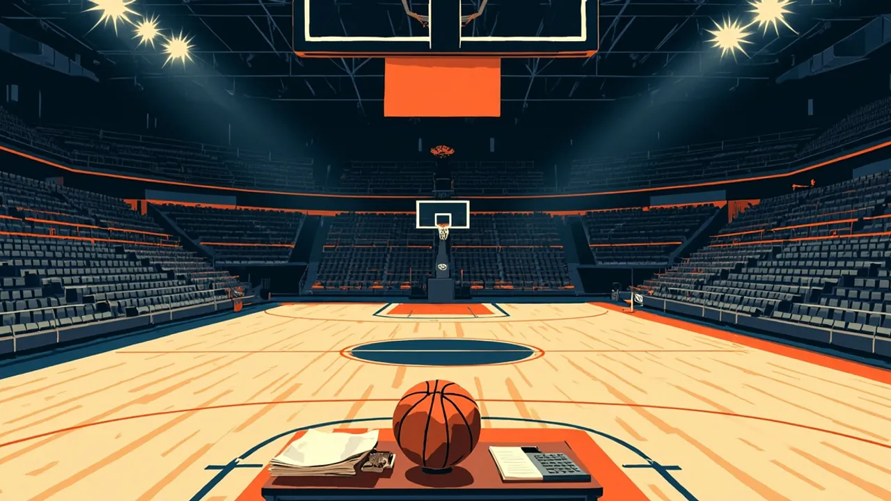 Vue intérieure d'une salle depuis derrière un panneau, tribunes pleines, projecteurs, un ballon de basket sur le parquet et des documents financiers sur la table de marque.