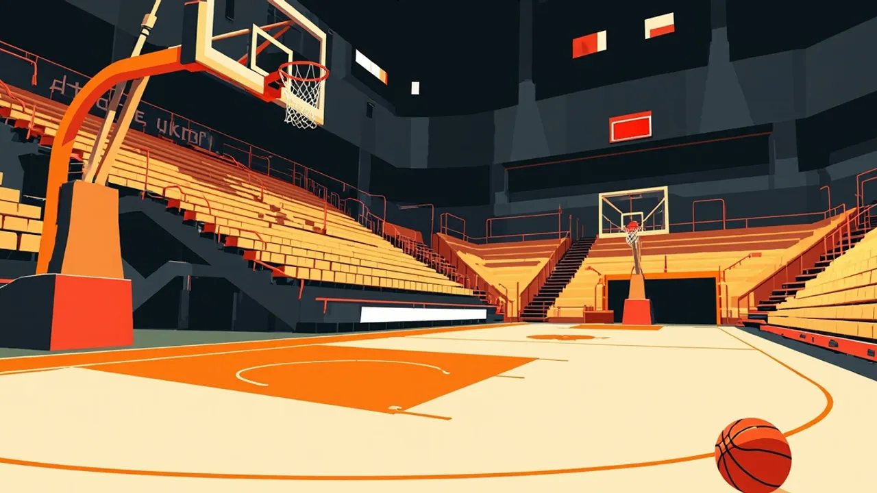 An empty indoor basketball court seen under the hoop, with one ball, bare stands, a scorer's table, and an open exit.