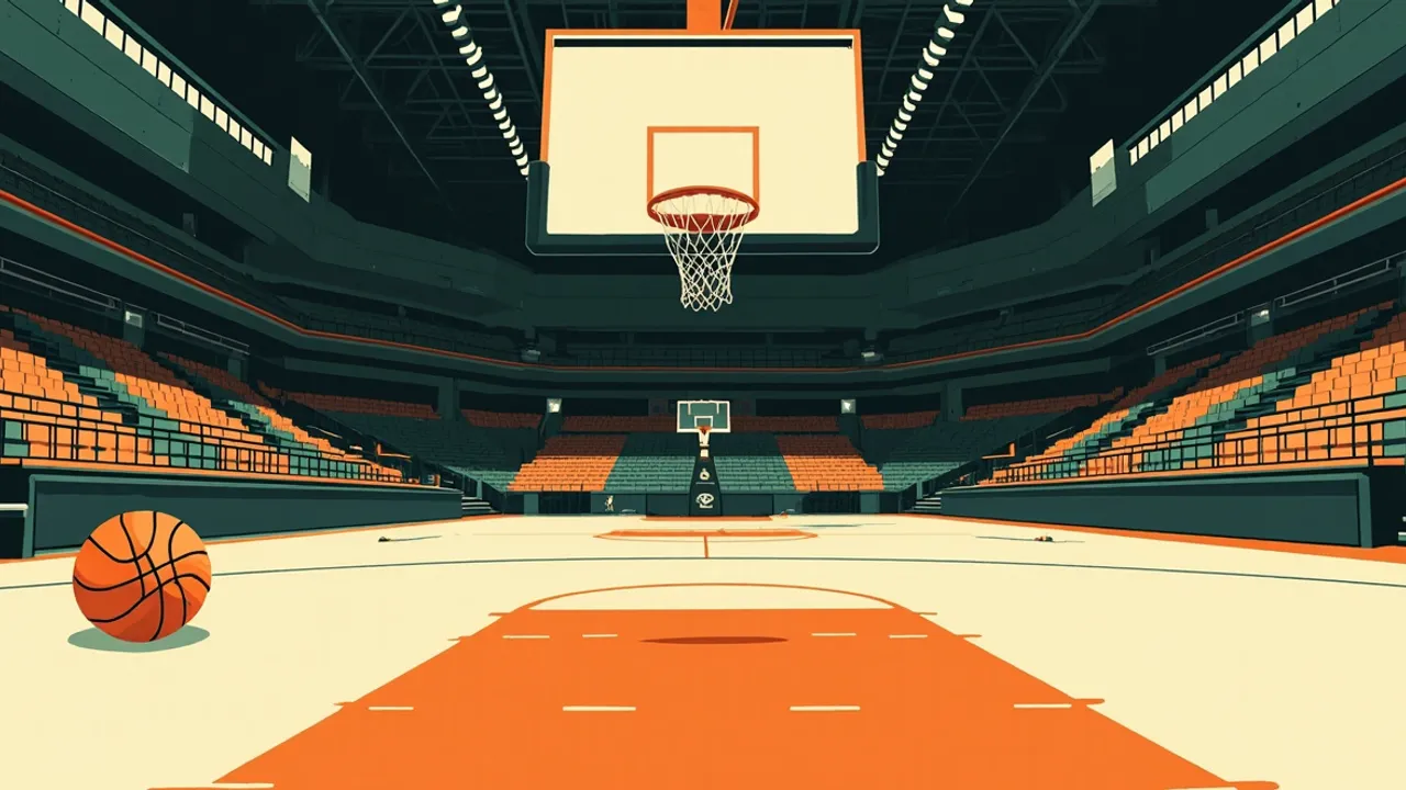 A packed indoor arena seen from beneath the hoop, with one ball near the baseline and two small silhouettes by the scorer's table.