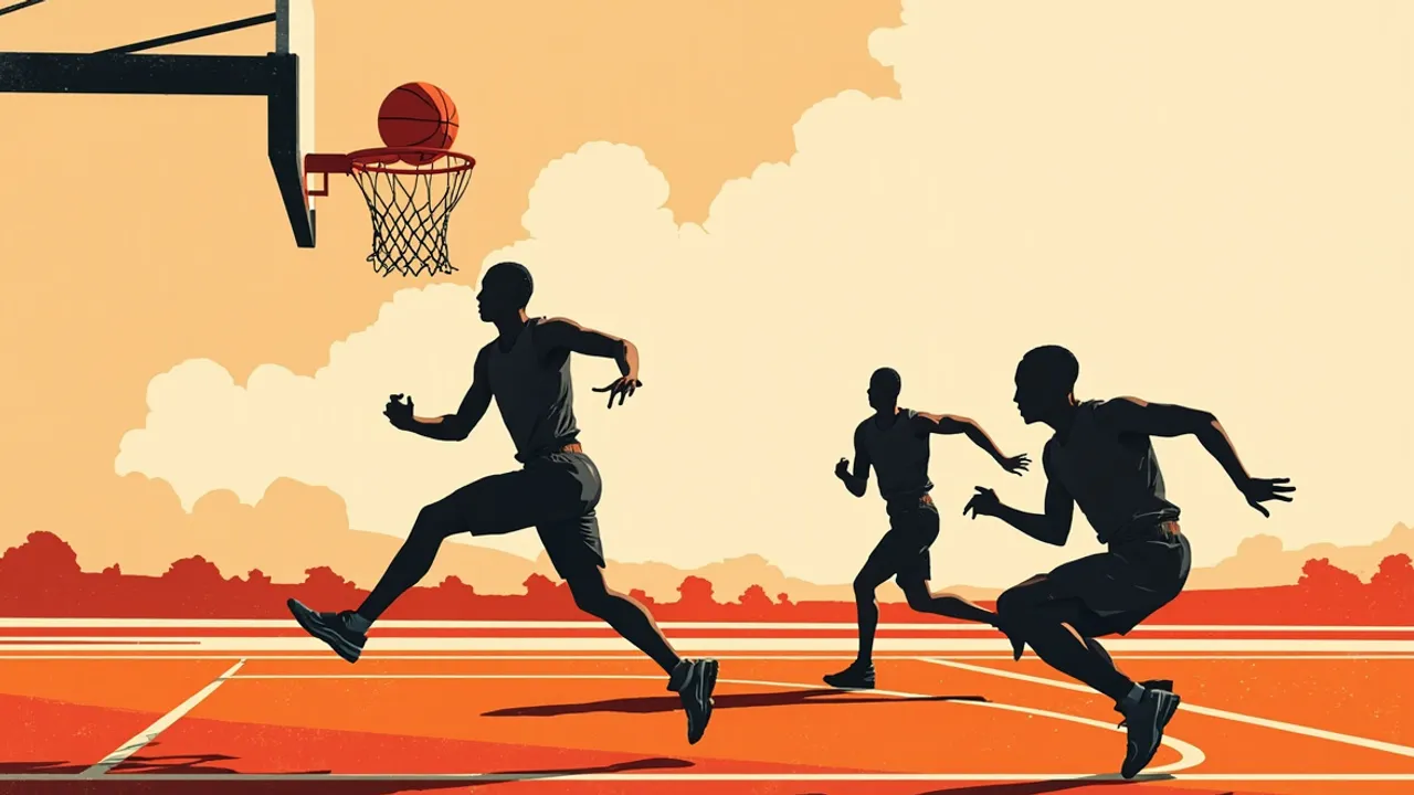 A faceless basketball player dunks as two teammates sprint behind him on a lined court, with the ball above the hoop.