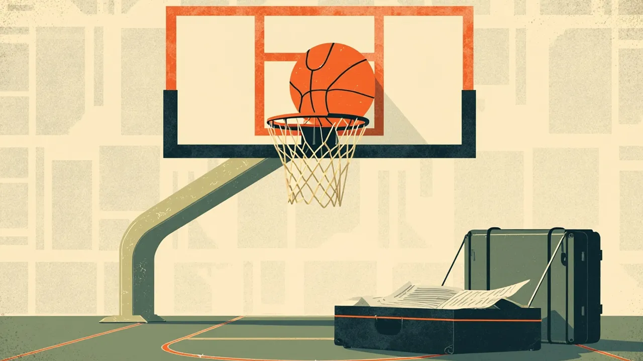 A basketball sits trapped in a hoop above a travel document and closed case, symbolizing a team stranded abroad.