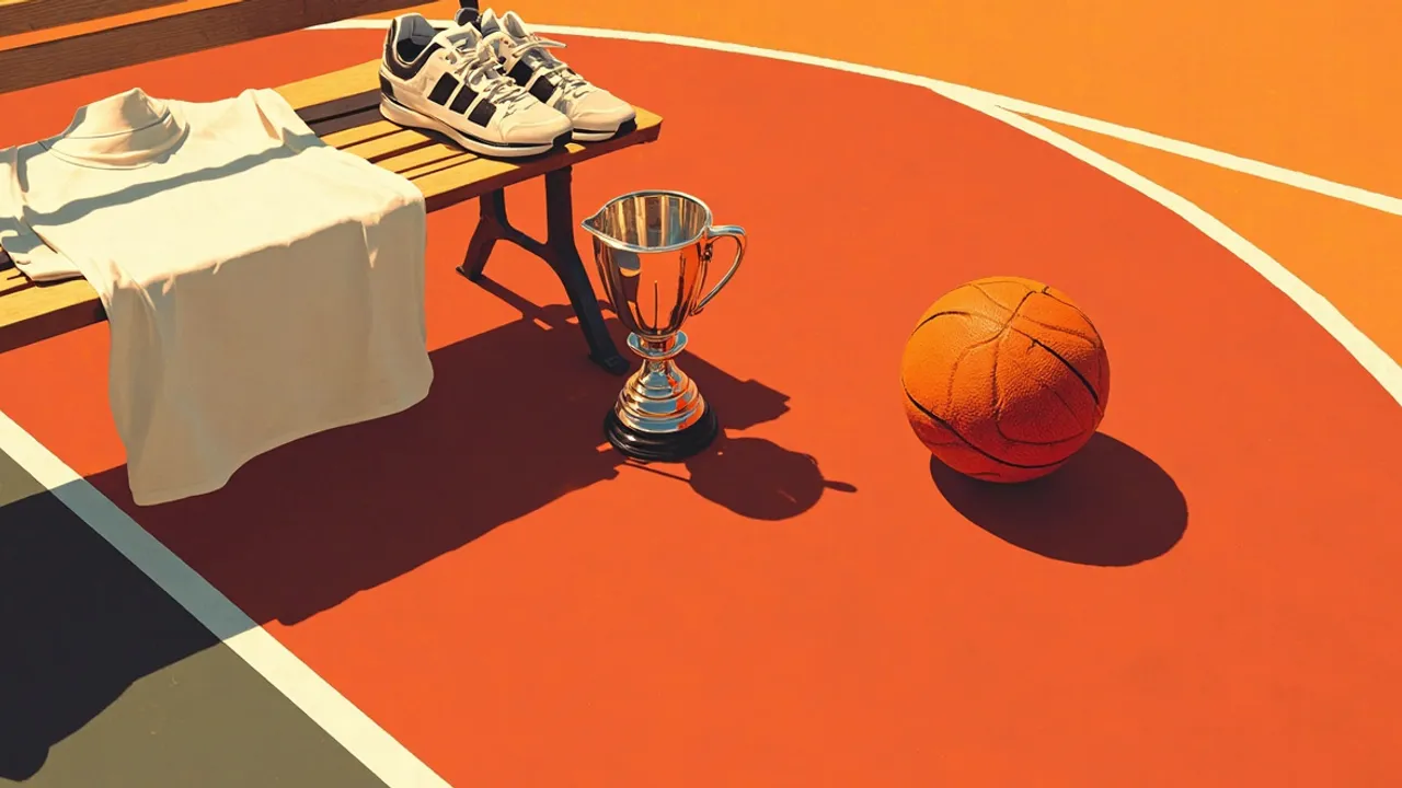 A still life on a basketball court: a basketball in front of a silver trophy, with a folded jersey and sneakers on a wooden bench.