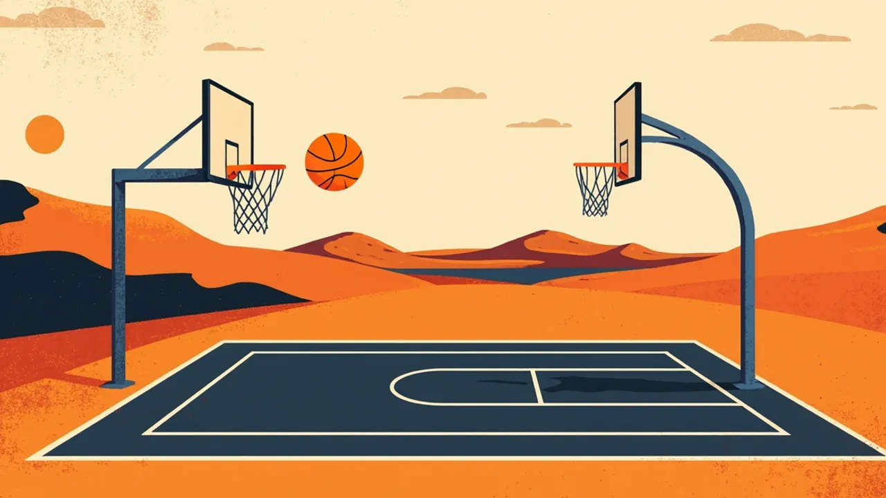 Un terrain de basketball se trouve dans une savane ocre, avec un ballon près d'un panier sous des collines parsemées de palmiers.