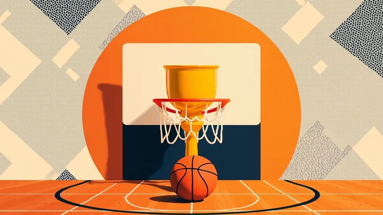 A gold title trophy and basketball dominate an arena scene, symbolizing a team’s return to continental qualifying competition.