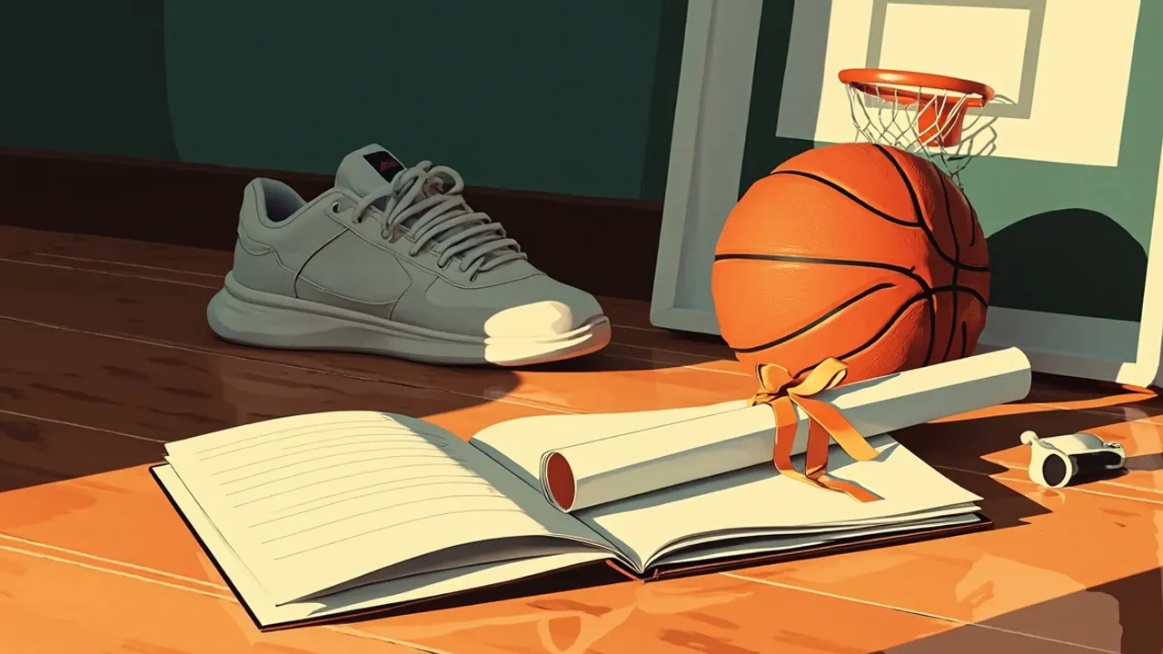 Une nature morte avec un ballon de basketball, un manuel ouvert et un diplôme roulé sur un sol en bois, à côté d'une basket inutilisée, d'un sifflet et d'un panier, illustrant un rêve de basketball mis de côté pour les études.