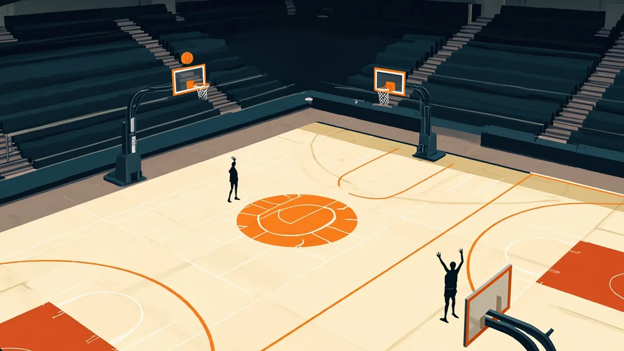 Une vallée désertique au lever du soleil avec un unique terrain de basket en plein air aménagé dans la plaine et un soleil en forme de ballon de basket se levant derrière le panier.