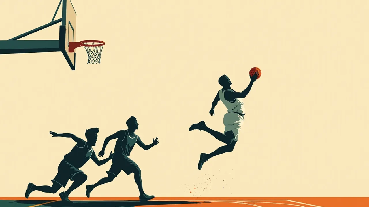 Un joueur de basketball sans visage en blanc dunk sur deux défenseurs sans visage près du panier sur un parquet en bois marqué de lignes.