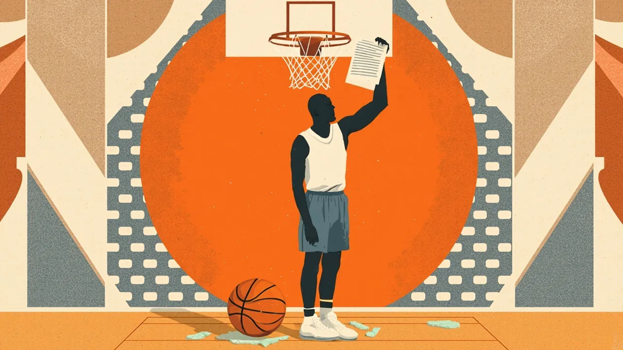A tall faceless silhouette holds up a contract document in front of a large basketball hoop, with a basketball and ice pack at their feet on a patterned background.