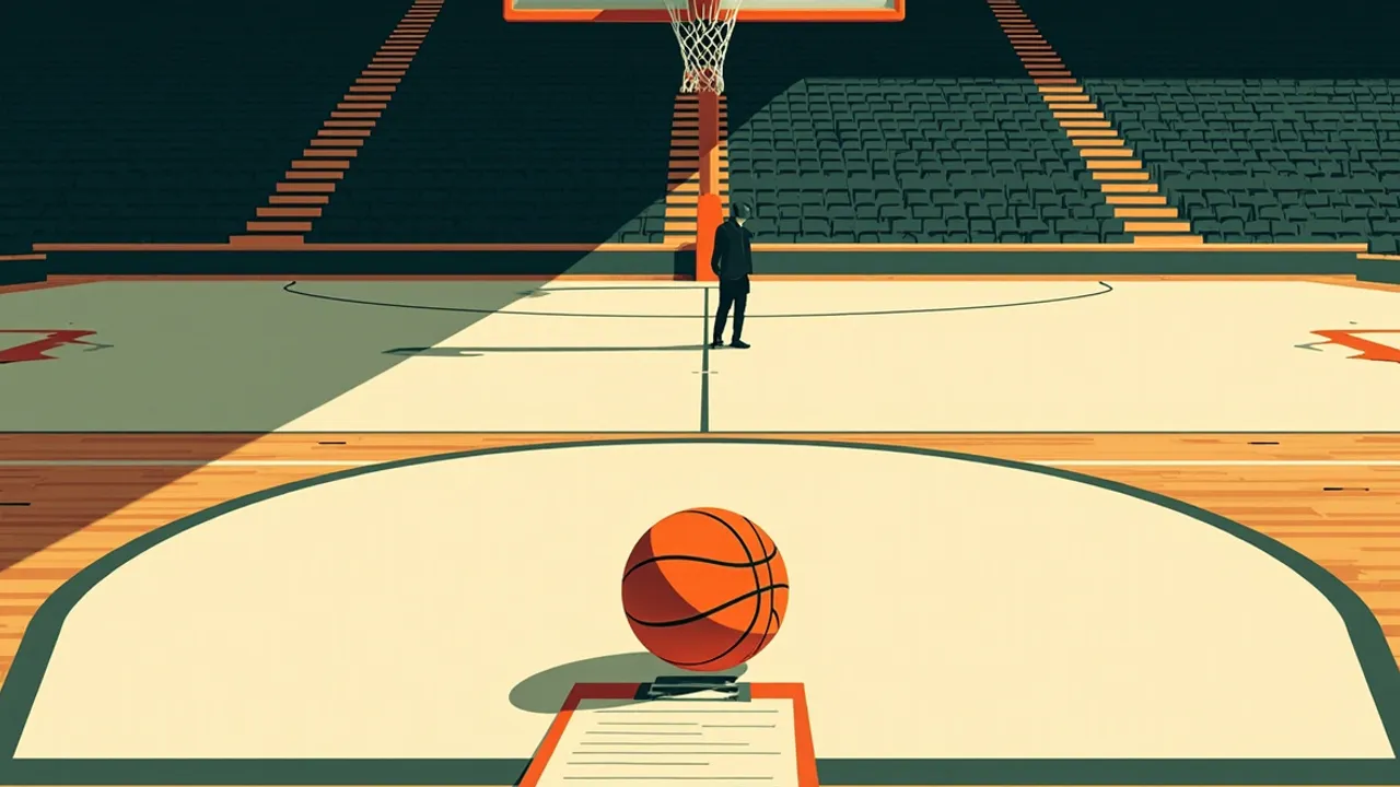 Empty indoor arena seen from the stands, a lone basketball on center court beside a clipboard, one tall faceless figure holding an ice pack, suggesting a return after injury.