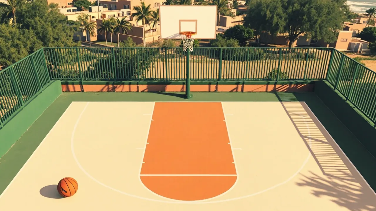 Bird's-eye view of a freshly lined outdoor basketball court with a single ball resting on the key, a hoop at one end, and a low-rise coastal city beyond the fence.