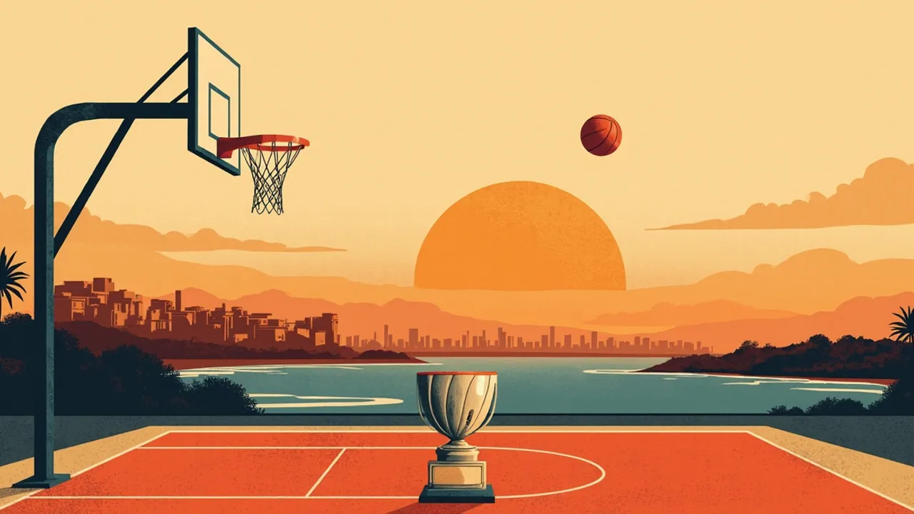 Stylised coastal city landscape at dusk with an outdoor basketball court in the foreground, a silver trophy at center court, a single basketball rising above a hoop that doubles as the sun over the sk