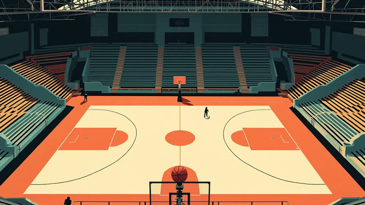 Top-down view of two-tone indoor basketball court wey get one ball for center court and two small faceless figures for di opposite free-throw lines under arched steel roof.