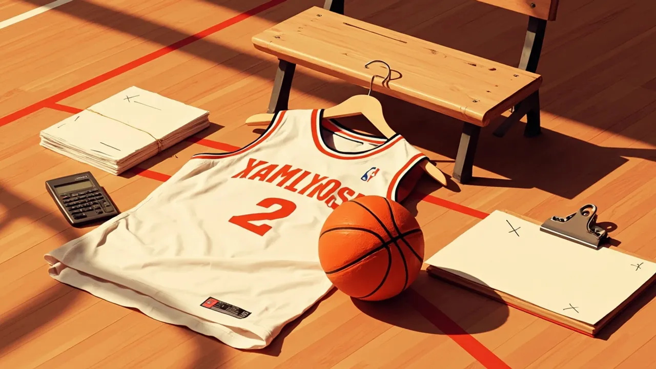 Une nature morte sur le parquet : un nouveau maillot sur un cintre à côté d'un ballon de basket, des contrats en papier empilés et une calculatrice, avec un presse-papiers sur un siège de banc vide.