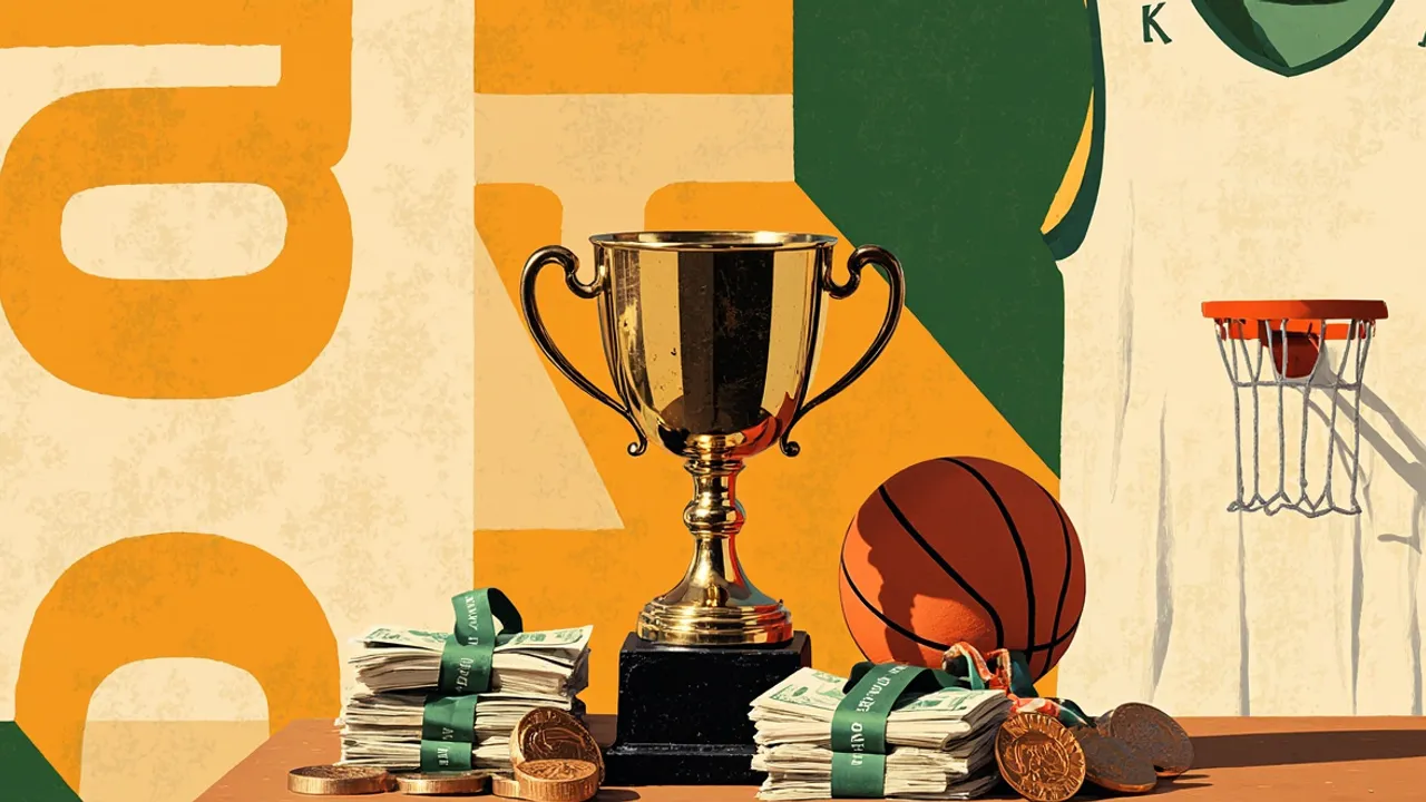 One big gold trophy dey rest on top money wey dem bundle together, with bronze medals for both sides, and green-and-white jersey hang for back on top patterned background.