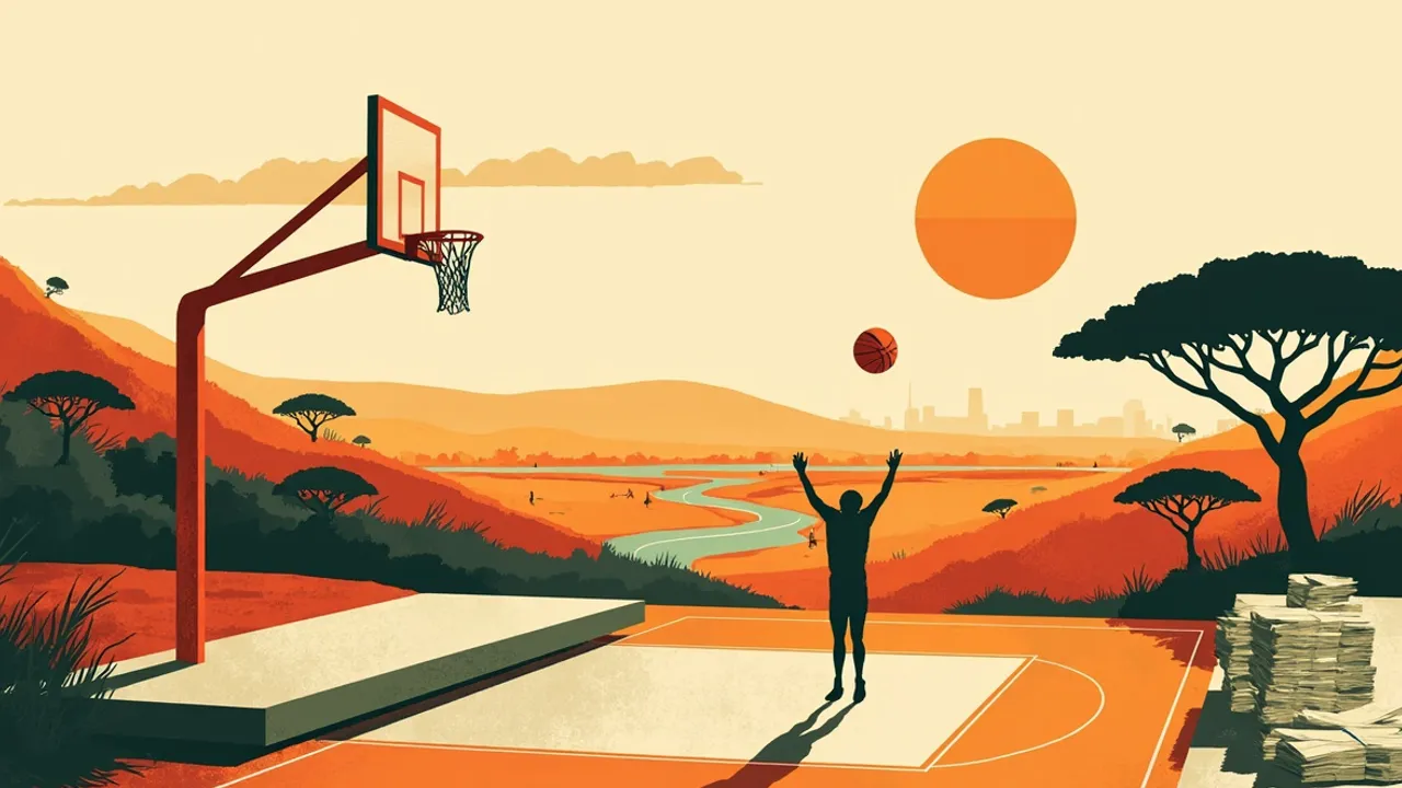 Savanna land for evening wit one basketball court sit ontop ridge, one hoop and ball dey shine like sun ontop bundle of cash notes, as dem dey celebrate women basketball title.