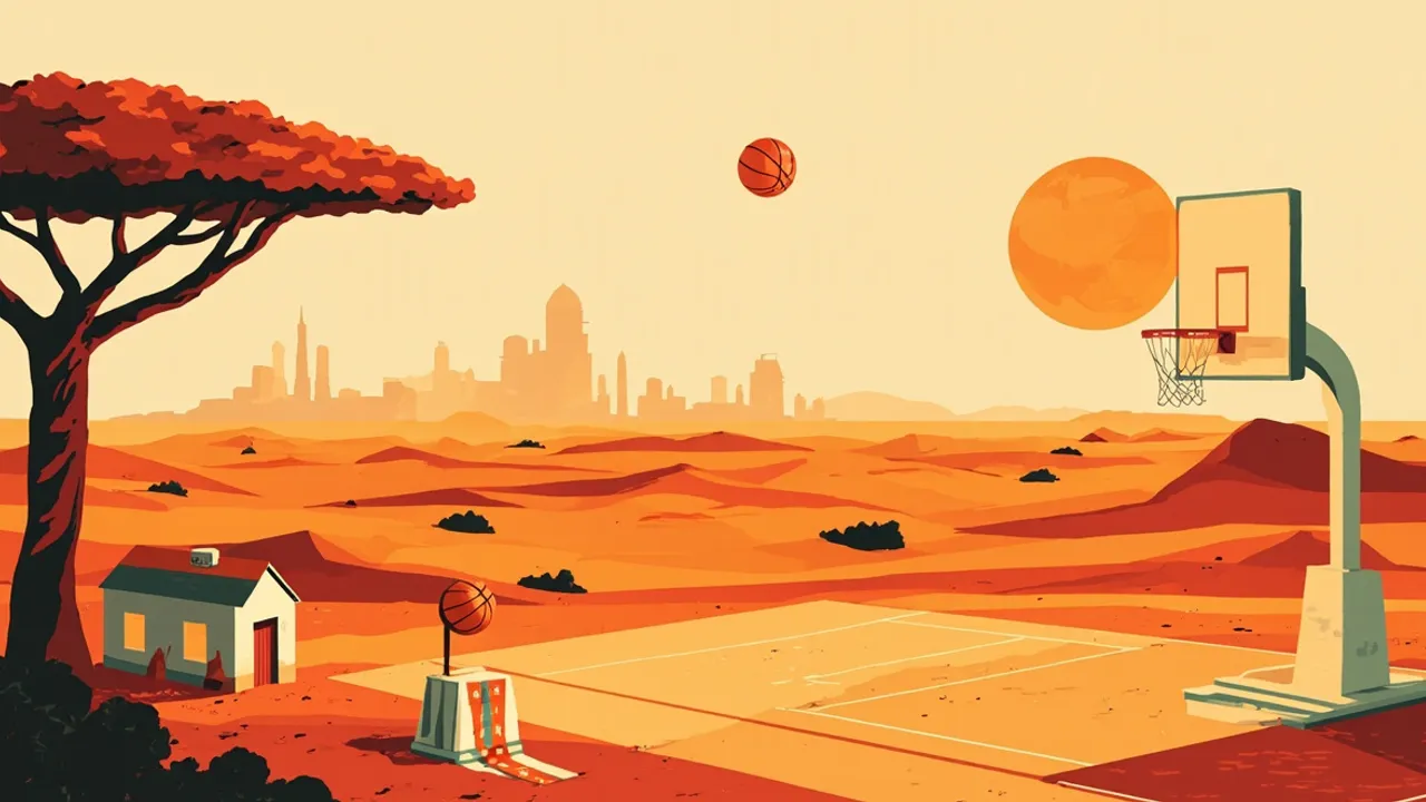 Un paysage de savane au coucher du soleil avec un ballon de basket géant se dressant comme le soleil derrière un panier solitaire, une petite maison avec une clé sur le seuil, et un podium portant un ruban de médaille et des enveloppes.