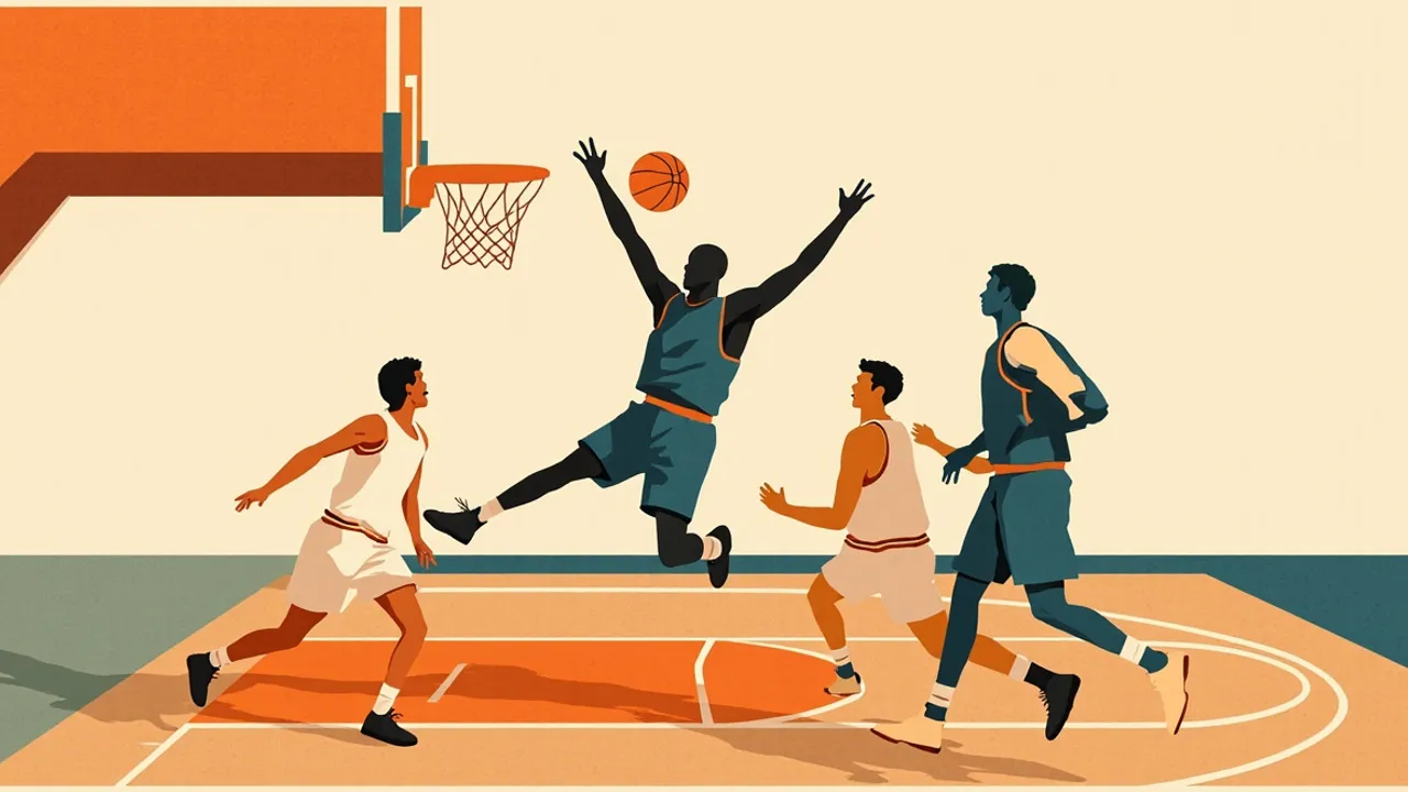 Two faceless figures dey fight for block near di rim for one hardwood court, as two oda players dey close in, and one coach dey hold tactics board for di sideline.
