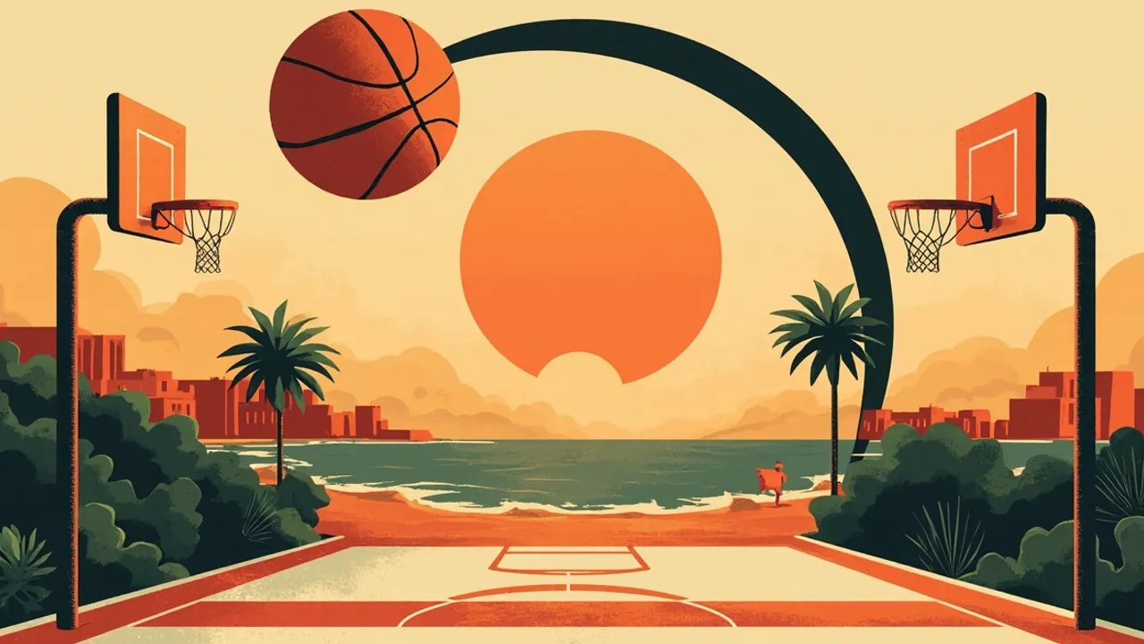 A coastal city at dusk frames an outdoor basketball court with two hoops and one ball arcing overhead.