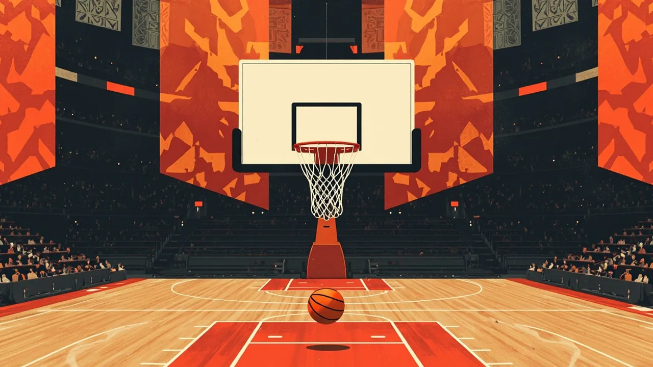 Un panier de basketball avec son filet à l'intérieur d'une salle comble, un ballon passant à travers l'arceau au-dessus d'un parquet poli.