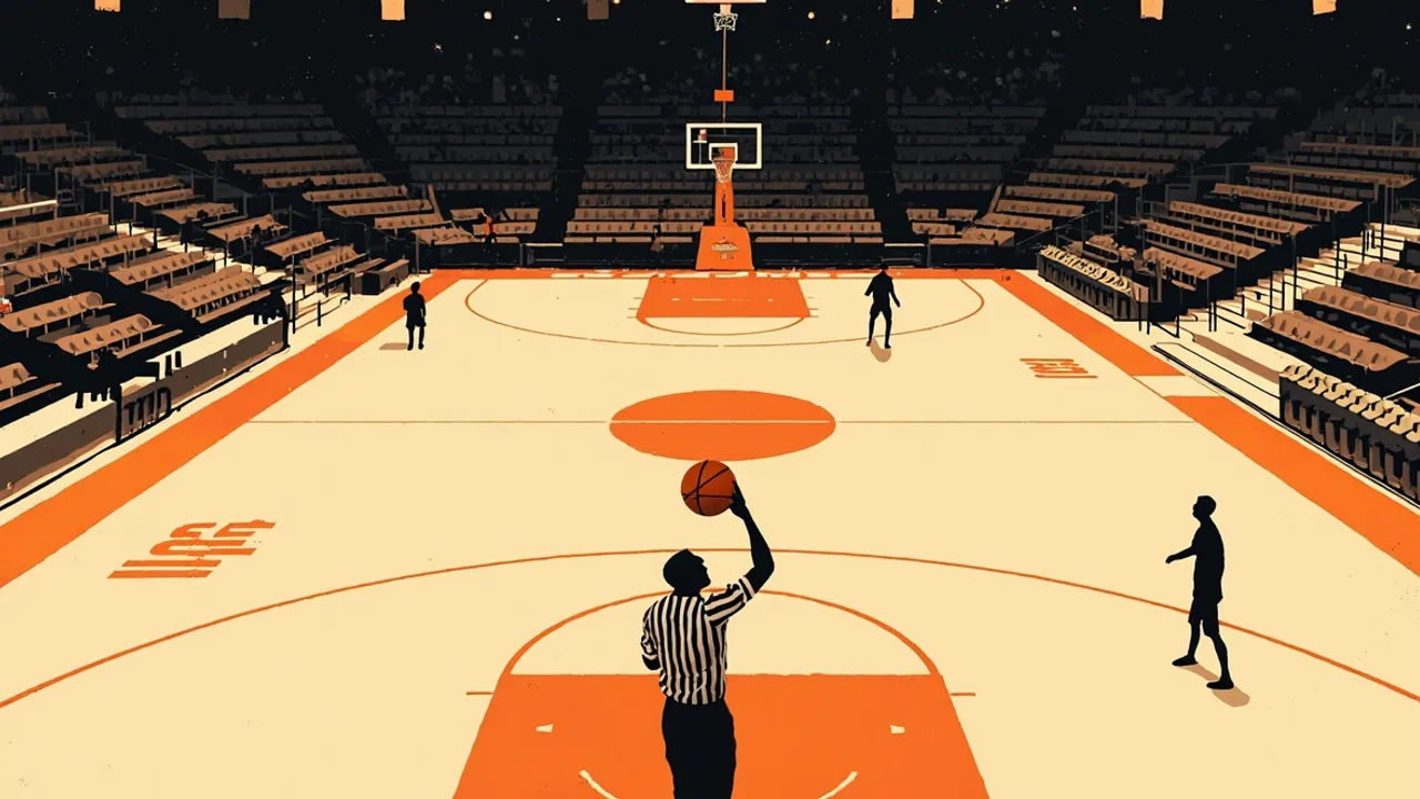 A wide elevated view of a packed indoor basketball arena at tip-off, with a referee at center court and two silhouetted players ready for the opening jump ball.