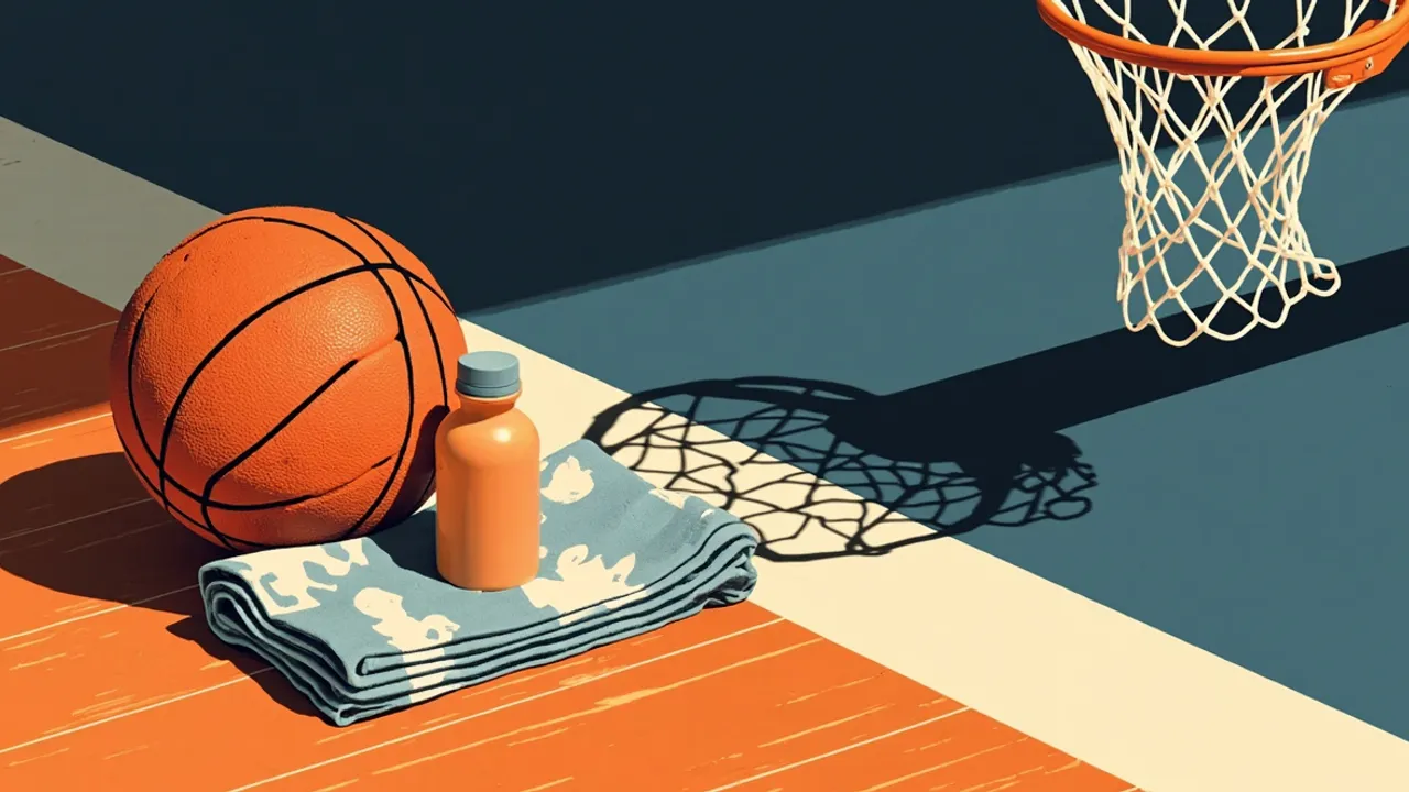 Un ballon de basket-ball, une serviette et une bouteille d’eau sont posés à côté d’un filet suspendu sur un terrain de basket-ball poli.