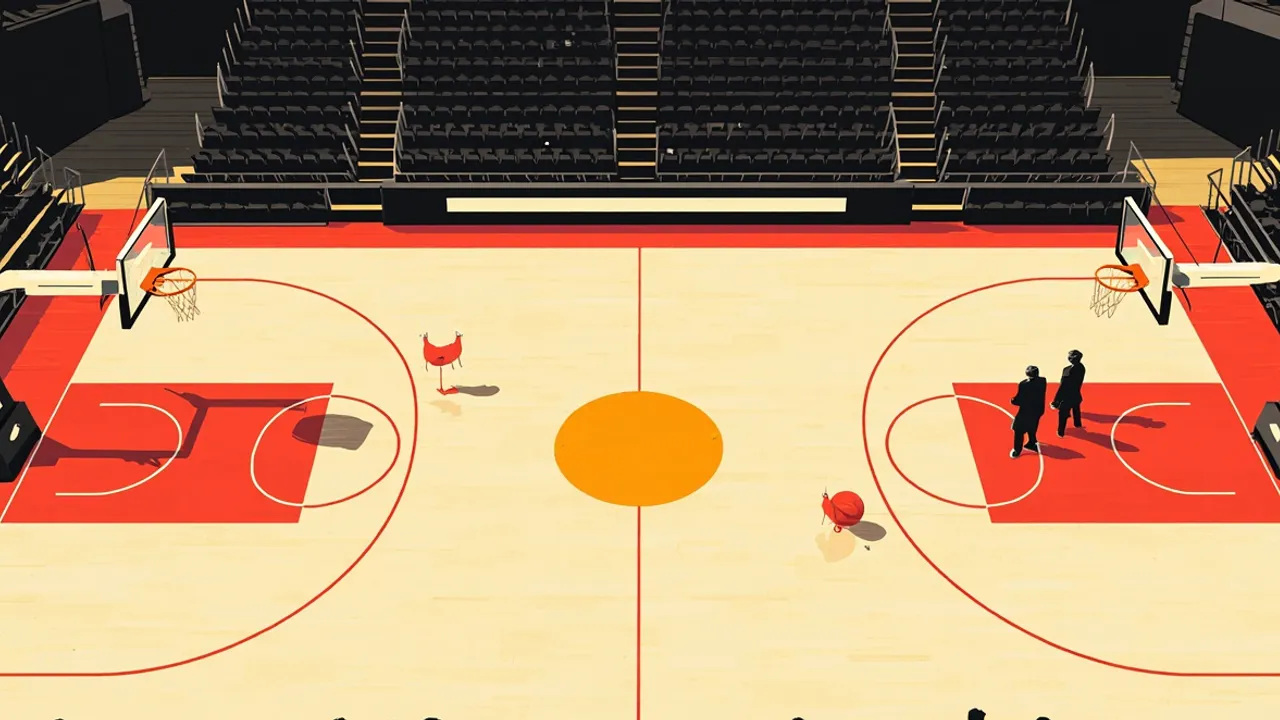 Vue aérienne d'un terrain de basketball en salle vide, avec un ballon au centre et une paire de baskets rouges alignée, prête pour une journée de matchs.