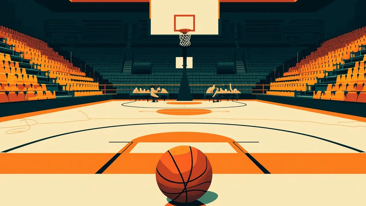 Vue de la salle de bas angle lors d'un coup d'envoi en soirée avec un ballon de basket sur le terrain, panneau au-dessus et de petites silhouettes près du centre.