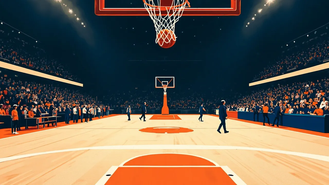 Vue de dessous du panier d'une salle couverte, un ballon de basket qui traverse le filet en direction d'un parquet brillant s'étirant jusqu'au panier opposé sous des lumières éclatantes.