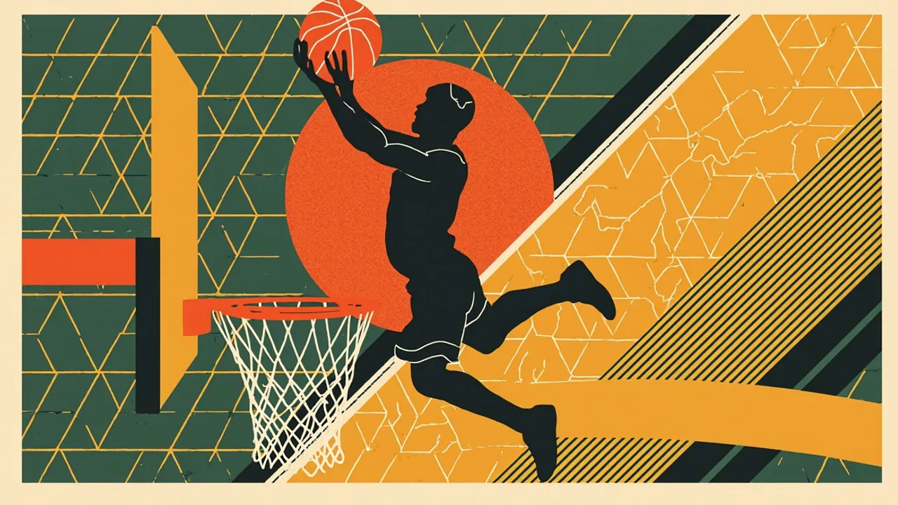 Flat geometric illustration of a faceless player dunking a single round basketball into a rim and net, set against a colorful patterned backdrop, marking the launch of a new all-star basketball event.