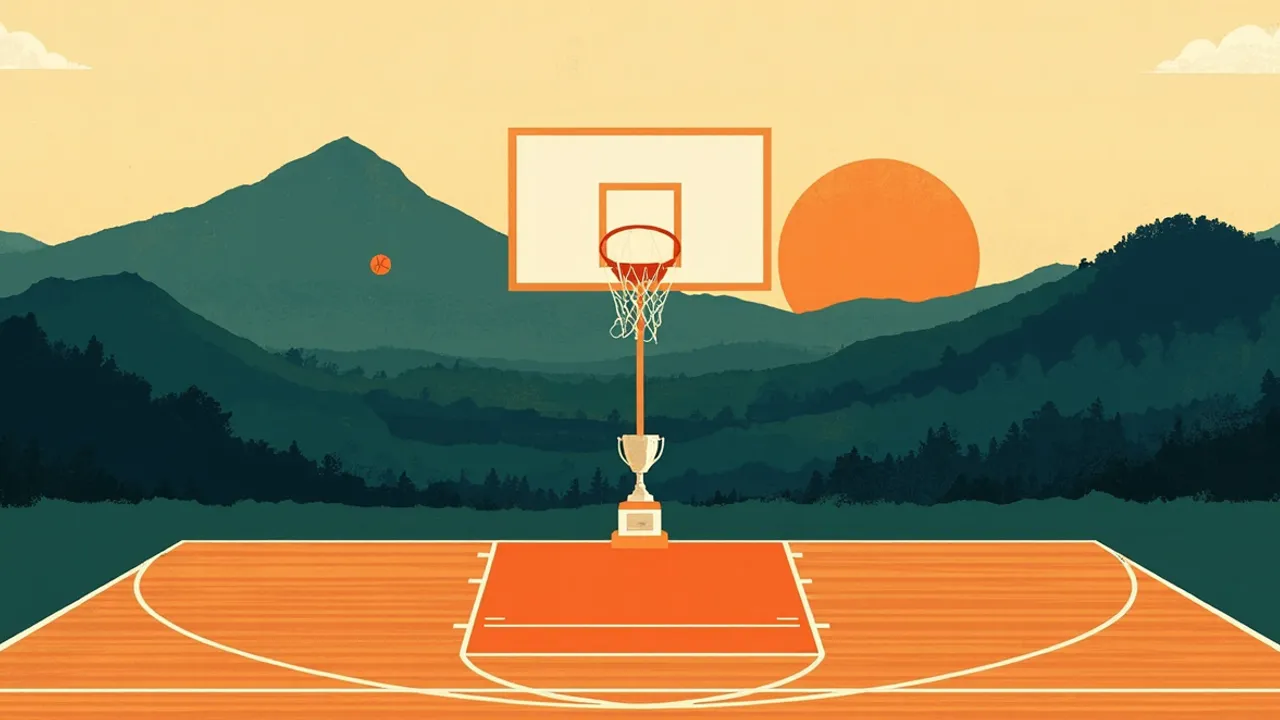 Un paysage de hauteurs au crépuscule avec un terrain de basketball au premier plan, un panier silhouetté contre un soleil en forme de ballon de basket, et un trophée argenté posé sur la table des marqueurs.