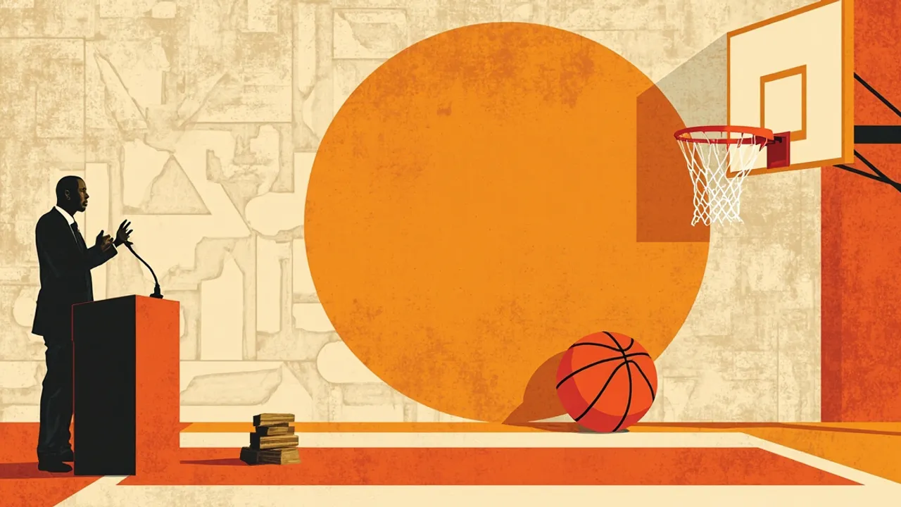 One silhouette dey speak for podium ontop basketball court, beside gavel, ballots, ball and hoop with net, against background wey get geometric pattern.