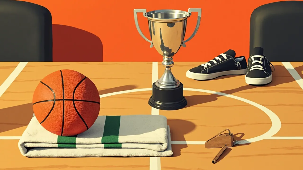 A still life on a wooden table: a silver trophy cup, an orange basketball on a green-and-white towel, black sneakers, and a wooden whistle.
