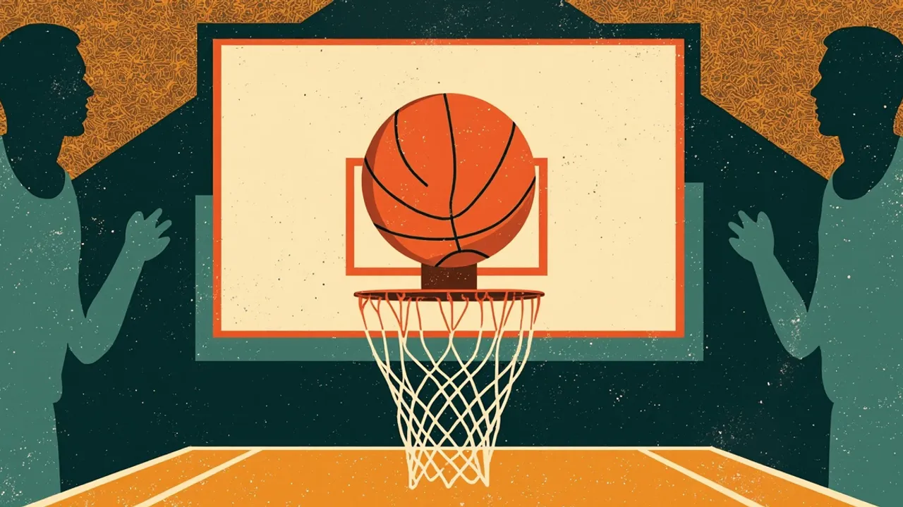 A basketball drops through a hoop between two raised silhouettes against a green and gold patterned background.